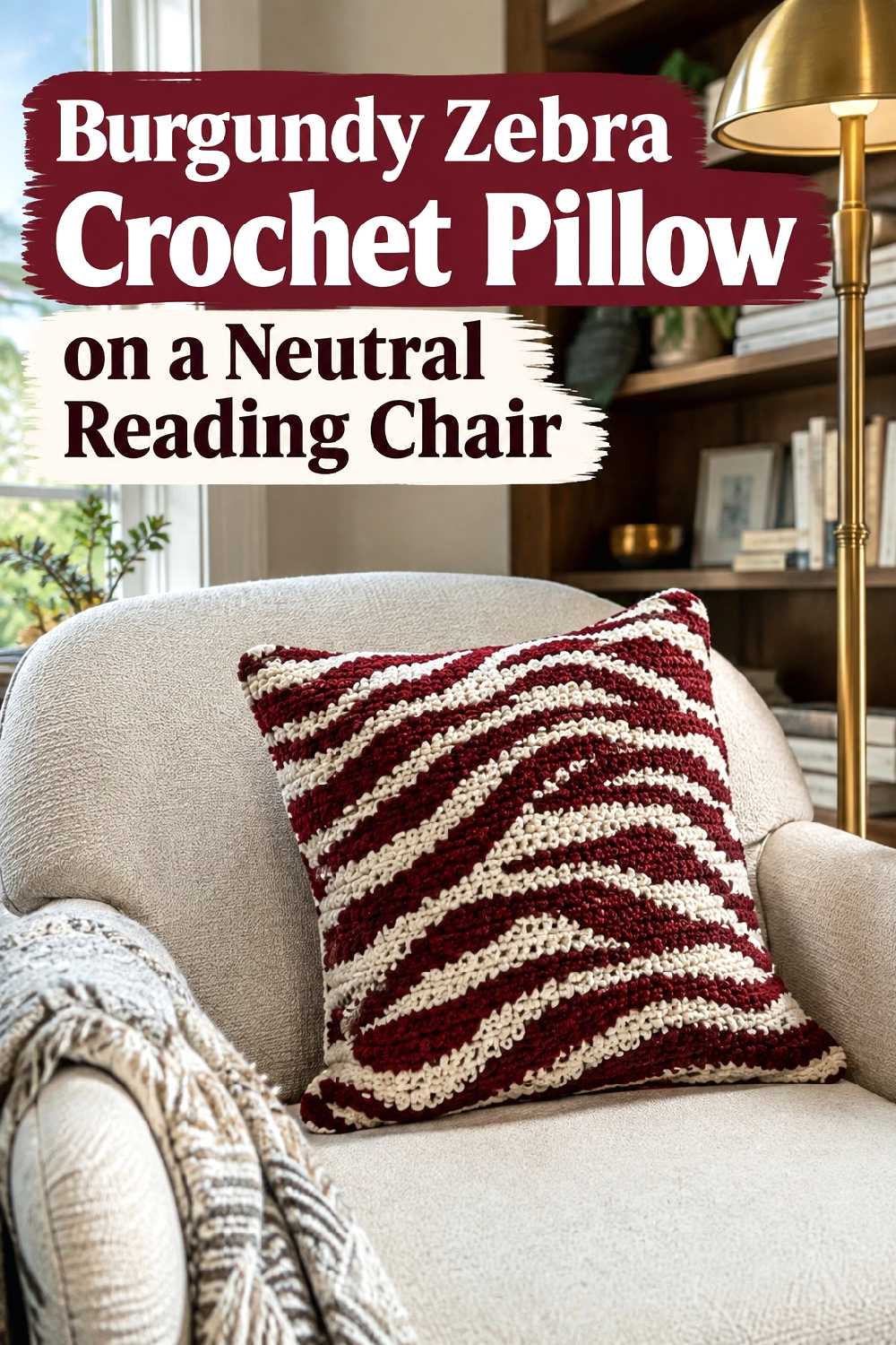 6. Burgundy Zebra Crochet Pillow On A Neutral Reading Chair