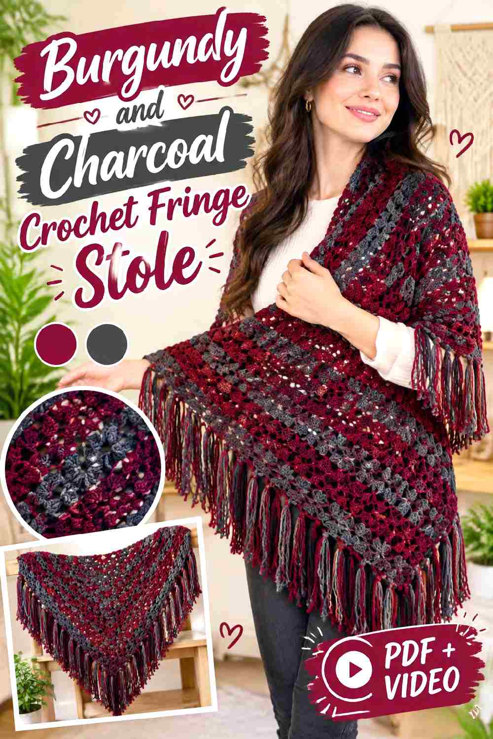 1. Burgundy And Charcoal Crochet Fringe Stole