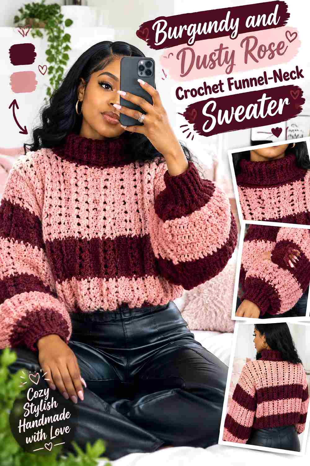 3. Burgundy And Dusty Rose Crochet Funnel Neck Sweater