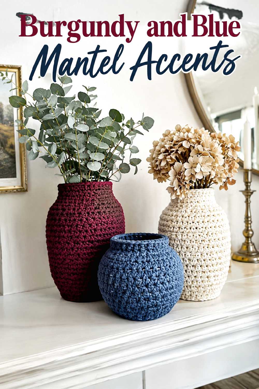 Burgundy and blue mantel accents