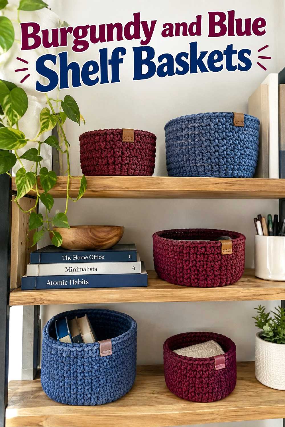 Burgundy and blue shelf baskets
