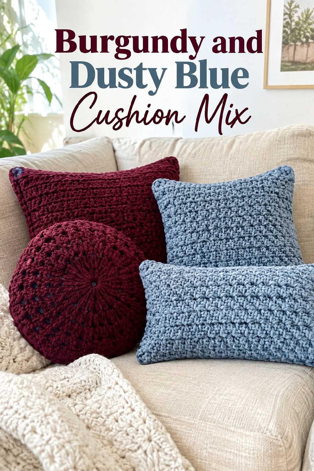Burgundy and dusty blue cushion mix