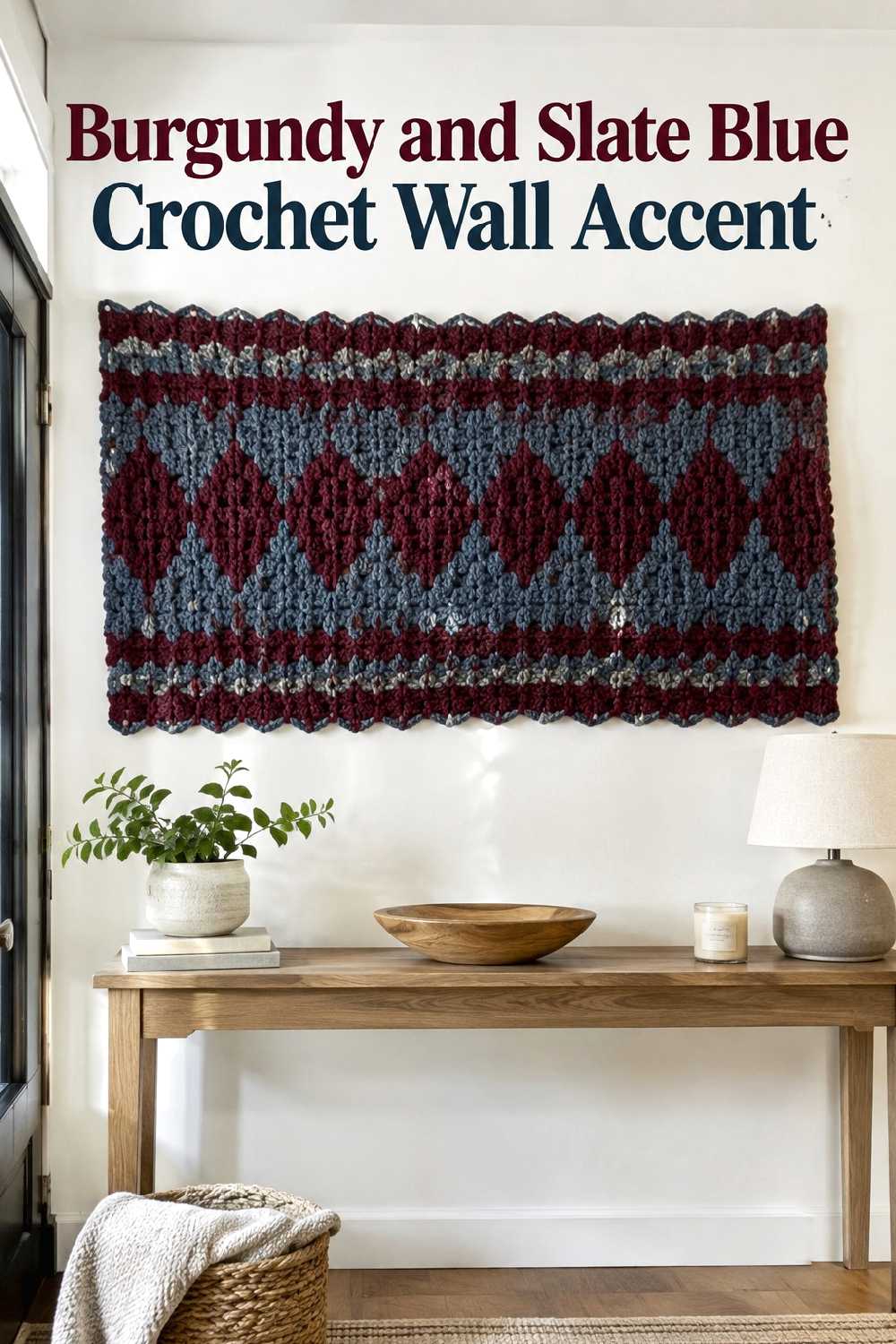Burgundy and slate blue crochet wall accent