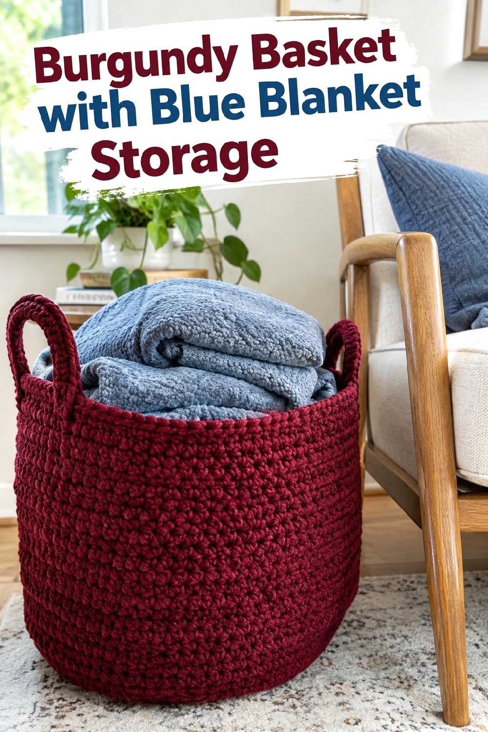 Burgundy basket with blue blanket storage