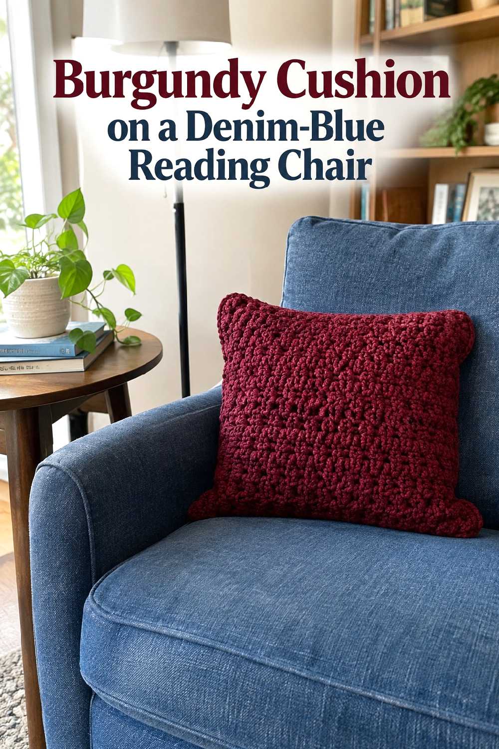 Burgundy cushion on a denim blue reading chair