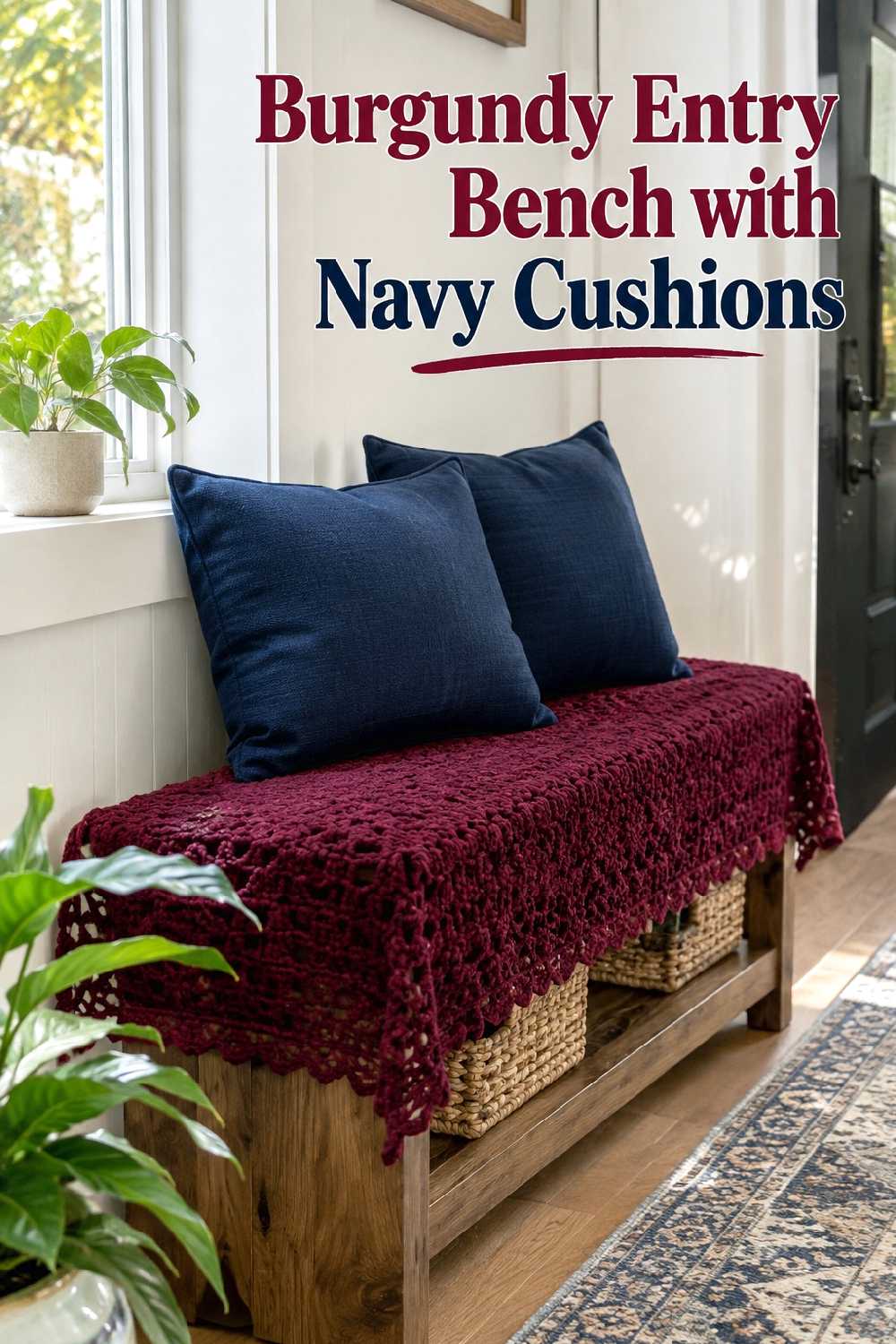 Burgundy entry bench with navy cushions