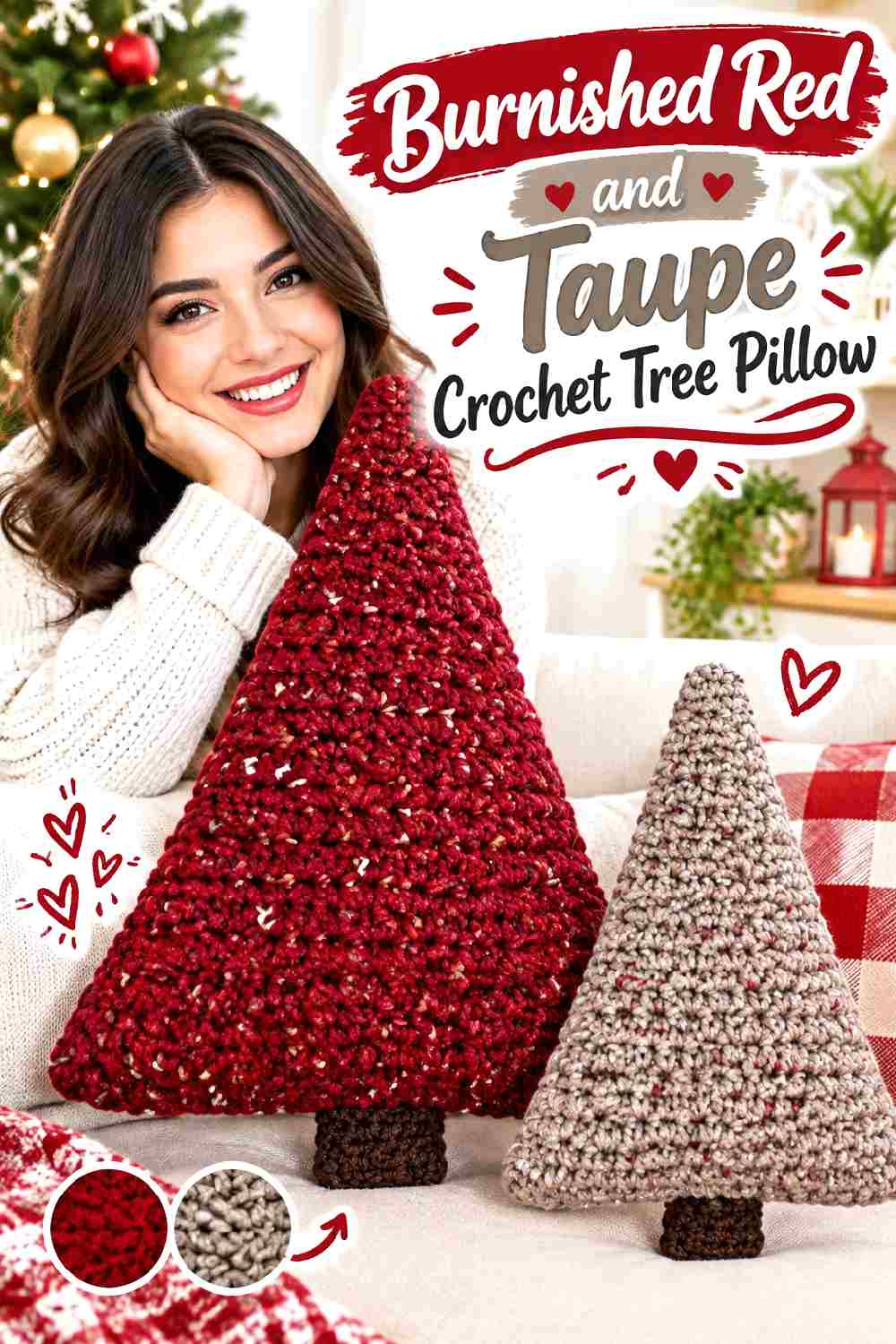 19. Burnished Red And Taupe Crochet Tree Pillow