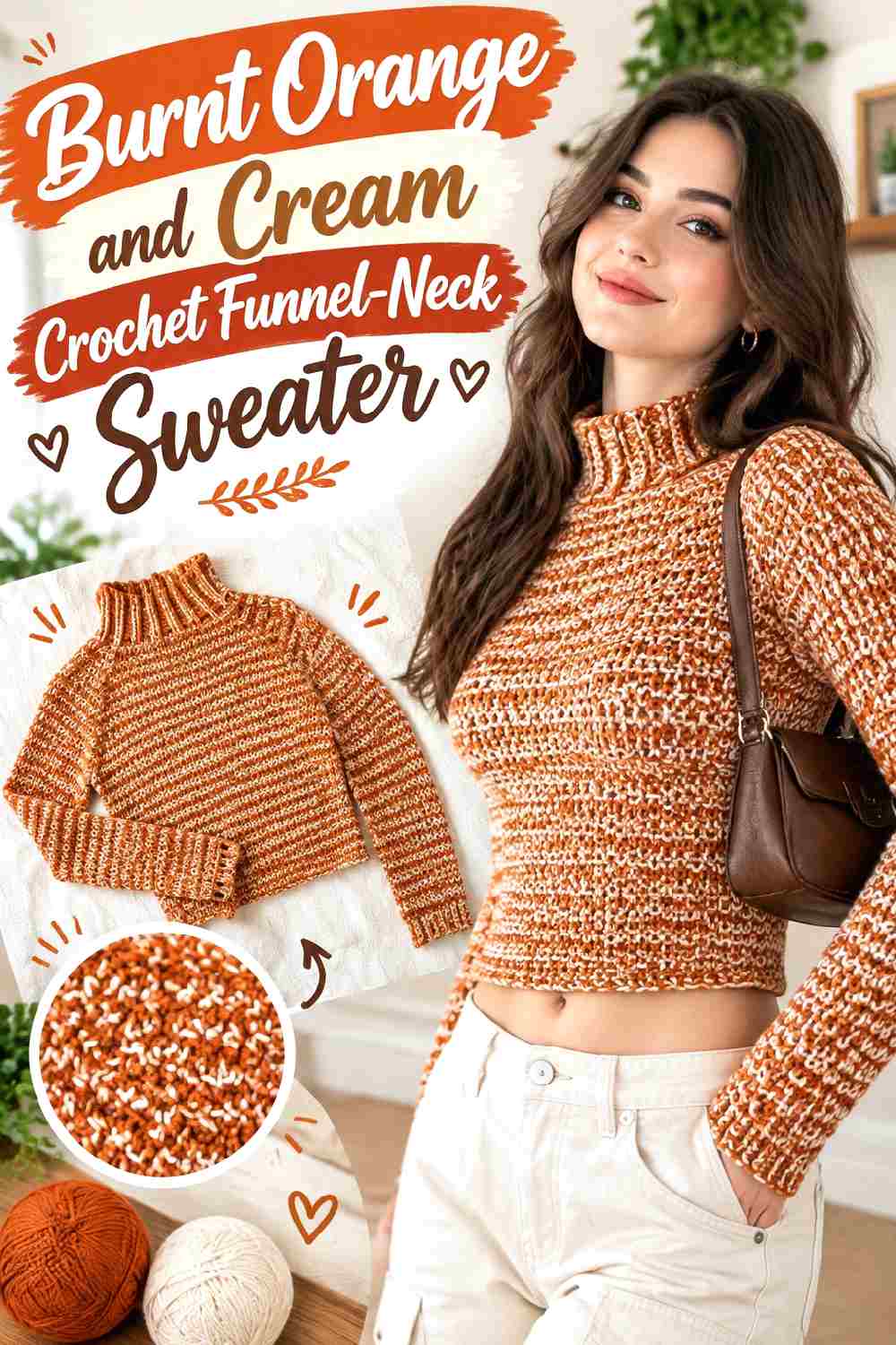 1. Burnt Orange And Cream Crochet Funnel Neck Sweater