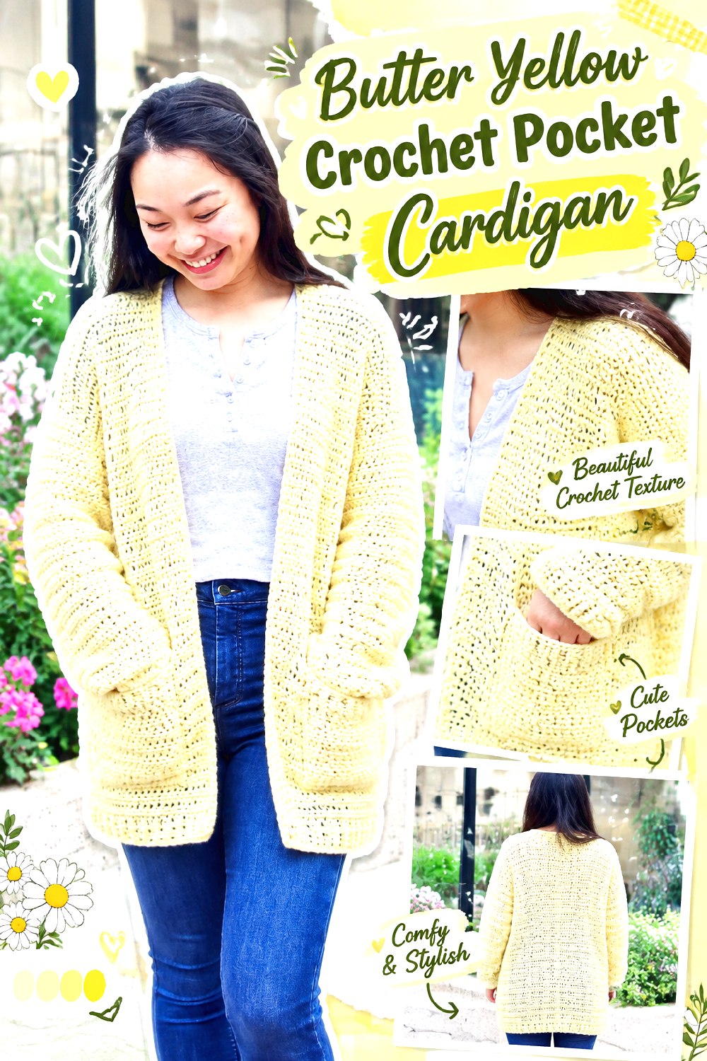 Butter Yellow Crochet Pocket Cardigan