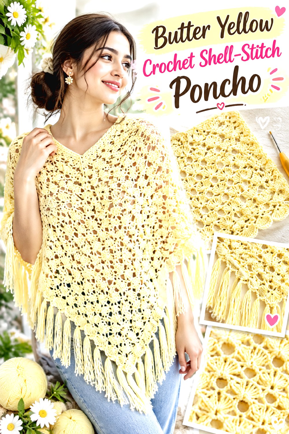 Butter Yellow Crochet Shell Stitch Poncho