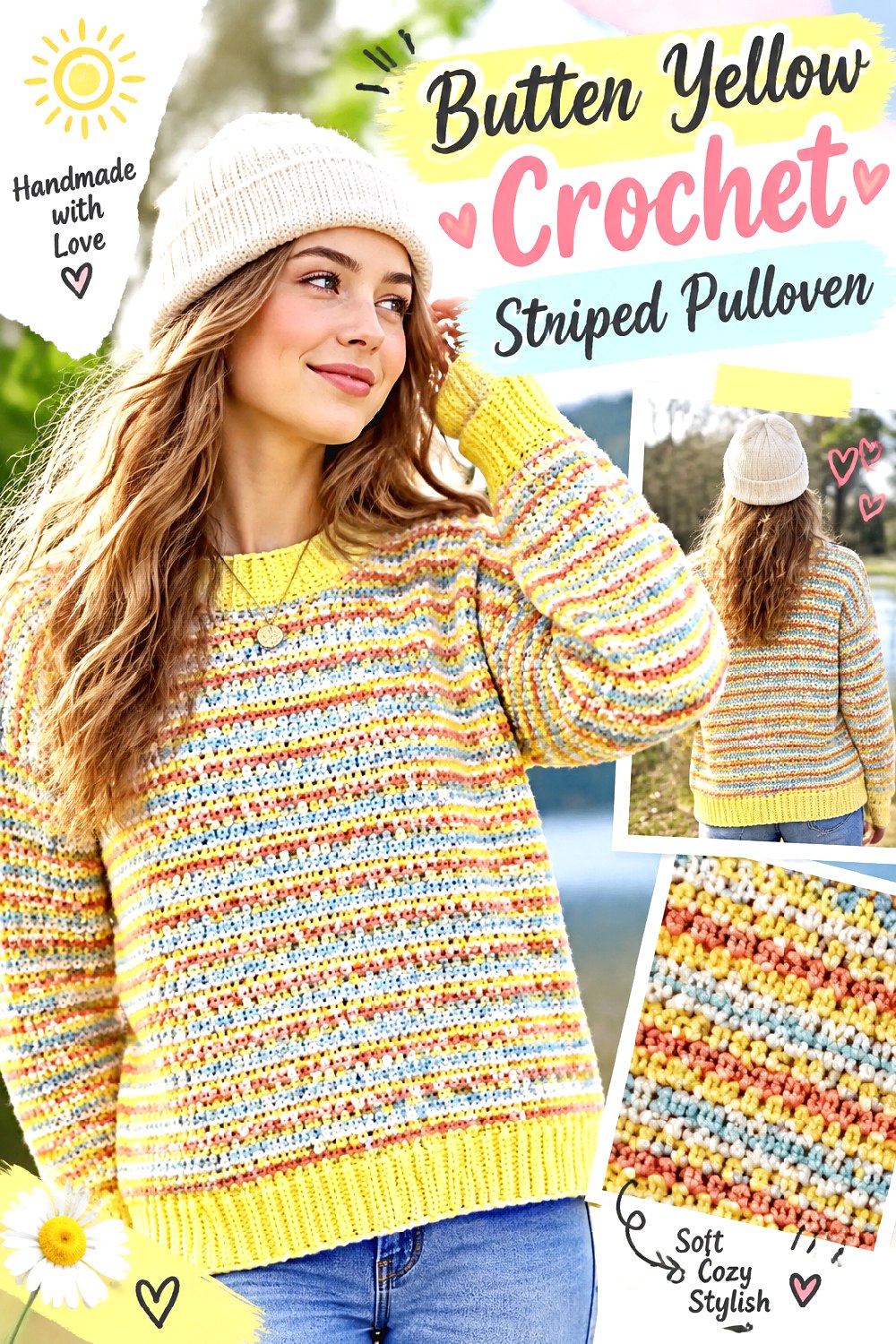 Butter Yellow Crochet Striped Pullover