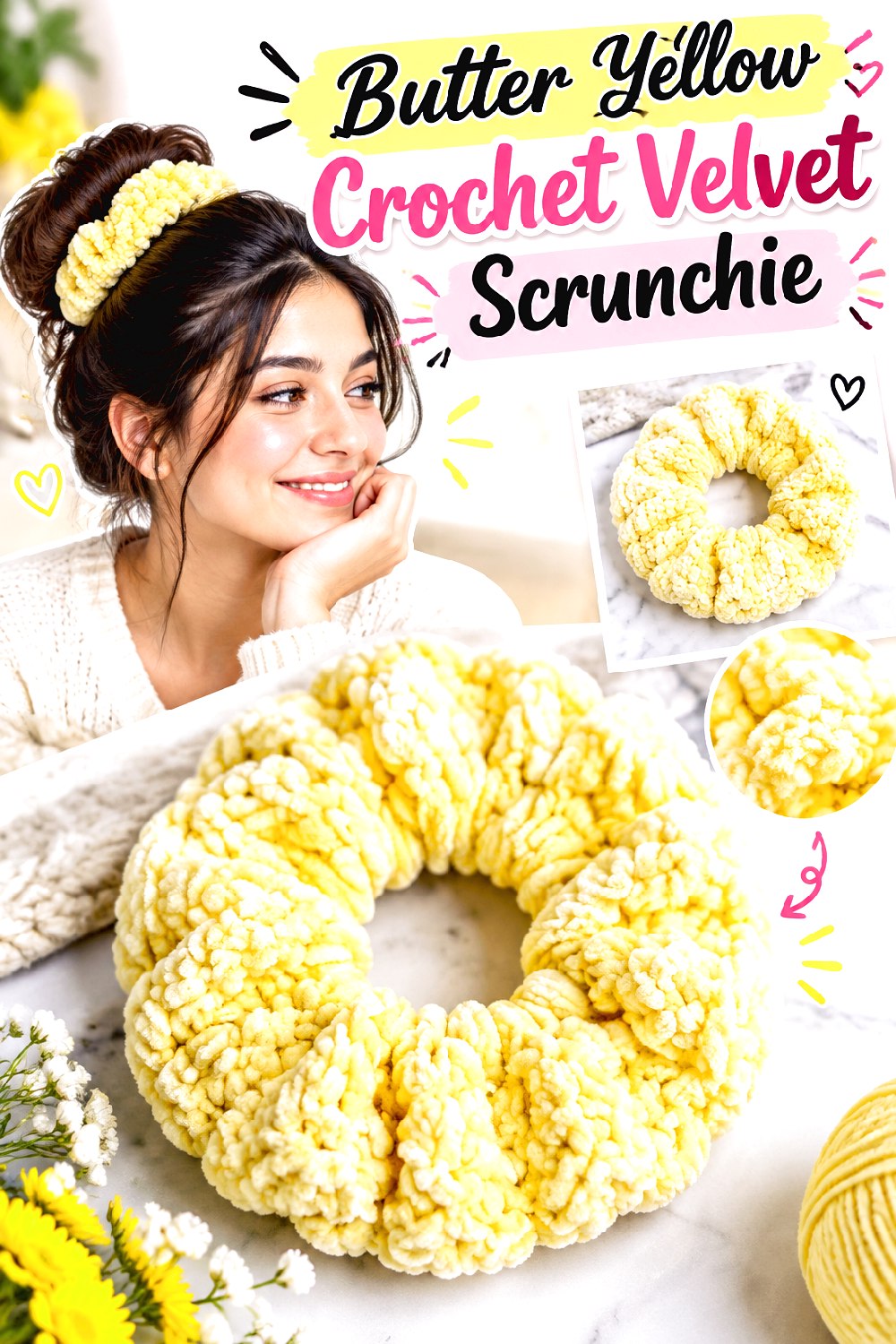 Butter Yellow Crochet Velvet Scrunchie