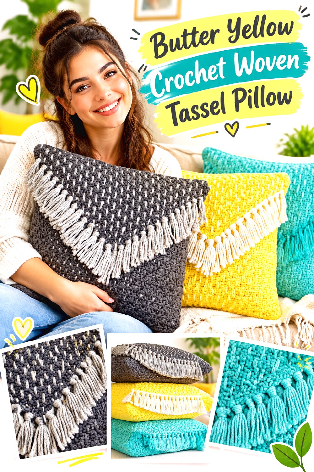 Butter Yellow Crochet Woven Tassel Pillow