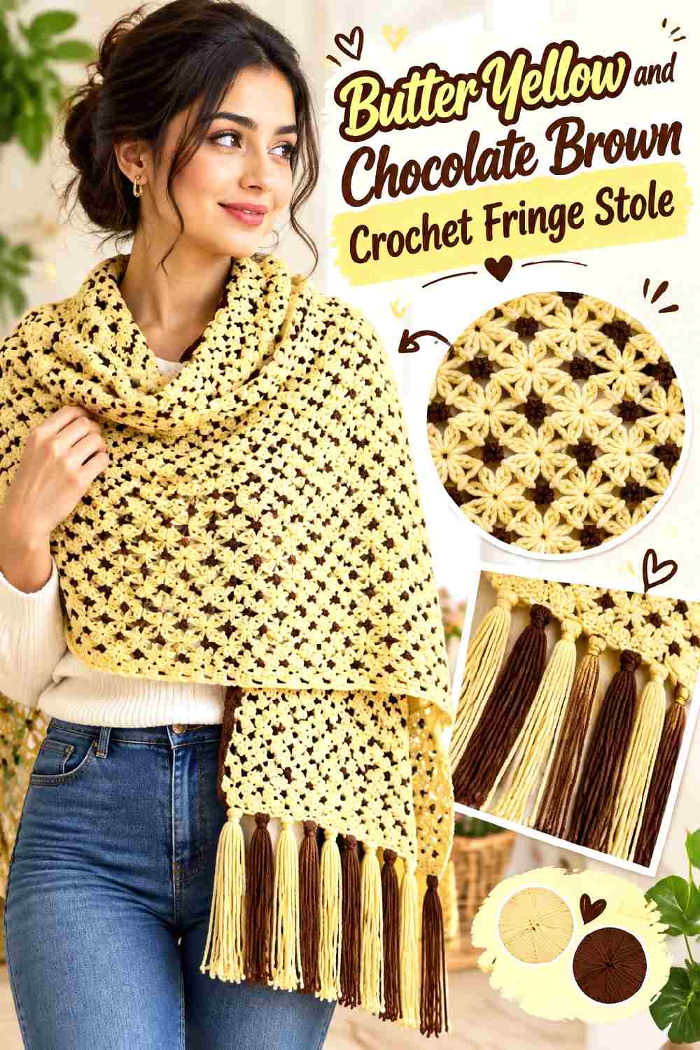 5. Butter Yellow And Chocolate Brown Crochet Fringe Stole