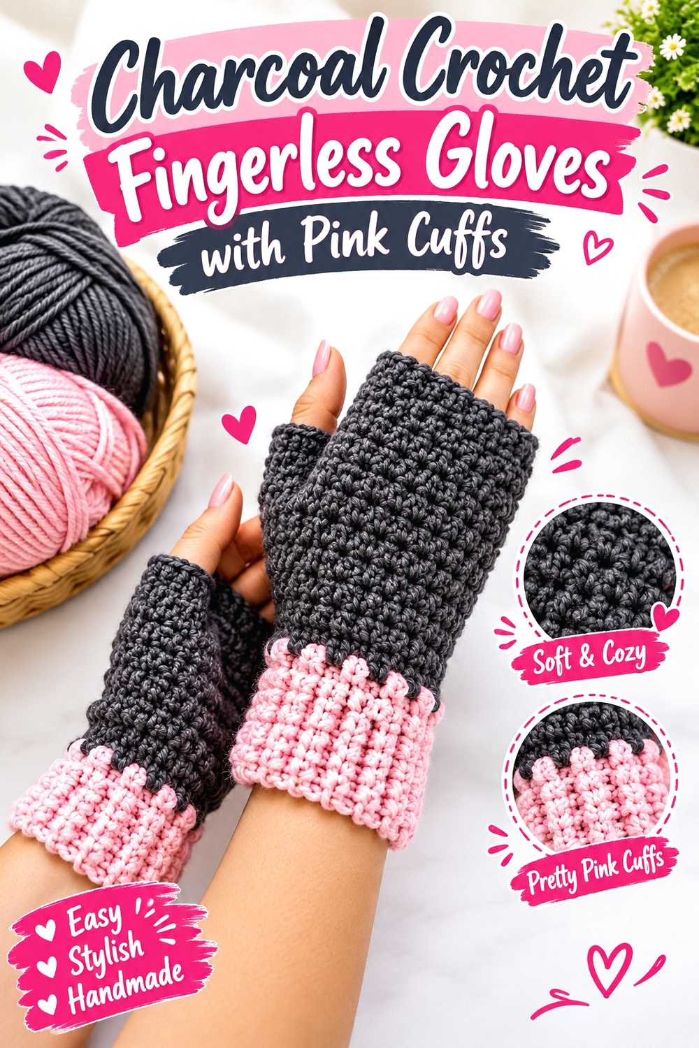 Charcoal Crochet Fingerless Gloves with Pink Cuffs