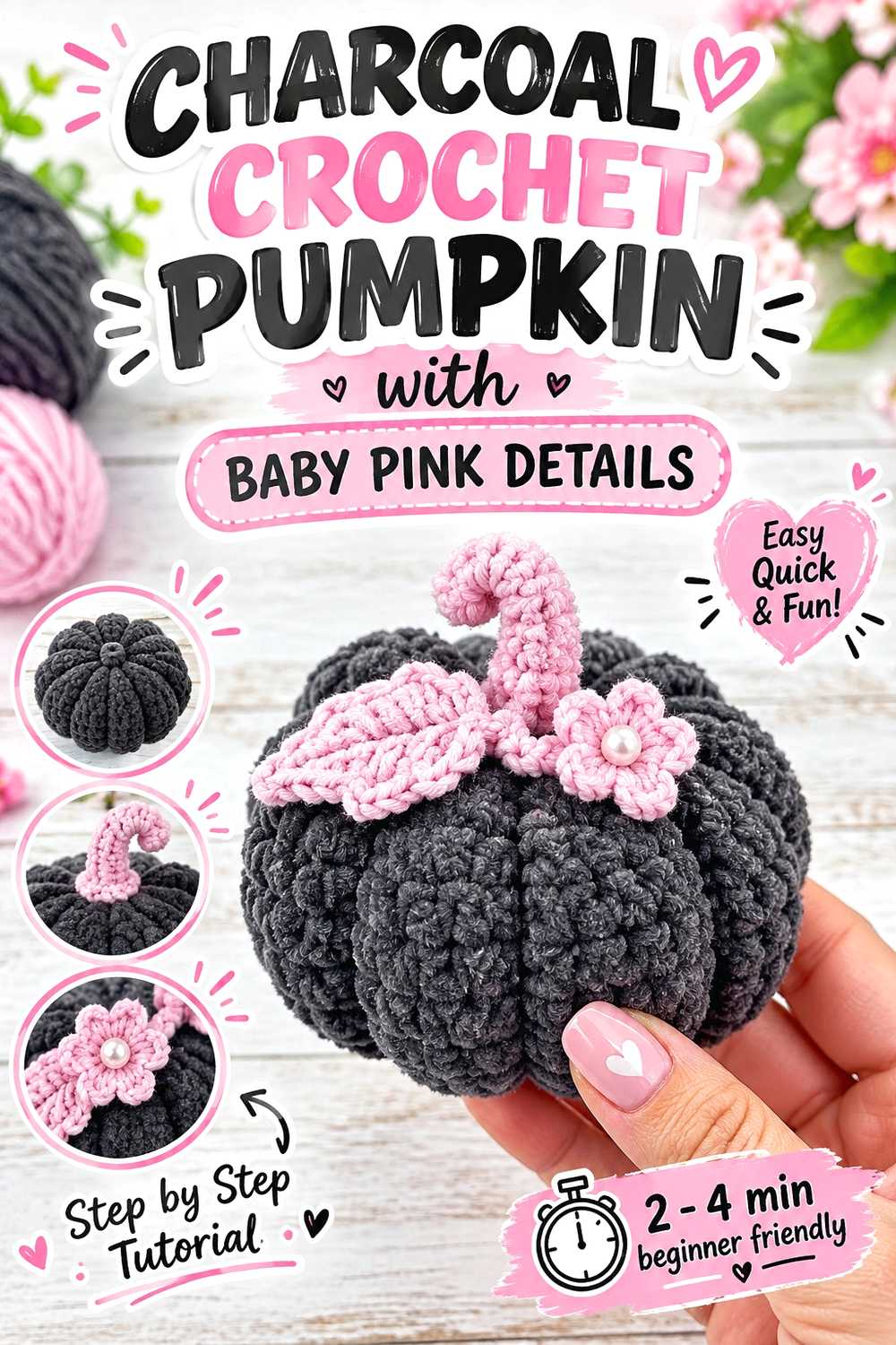 Charcoal Crochet Pumpkin with Baby Pink Details