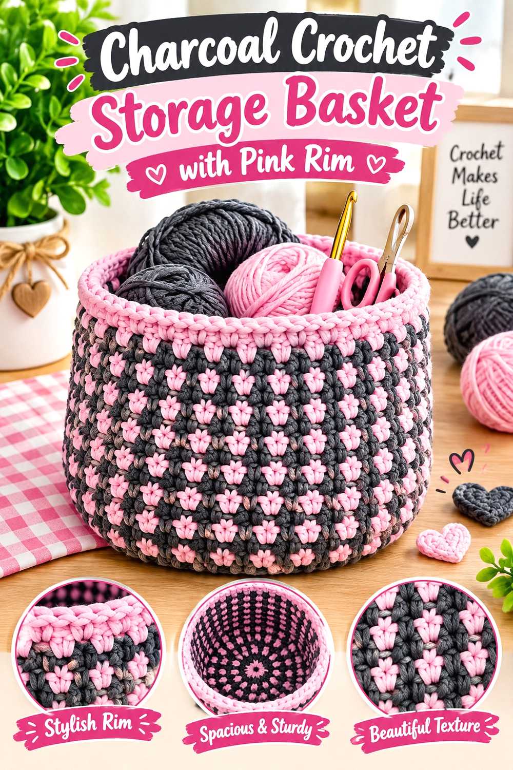 Charcoal Crochet Storage Basket with Pink Rim