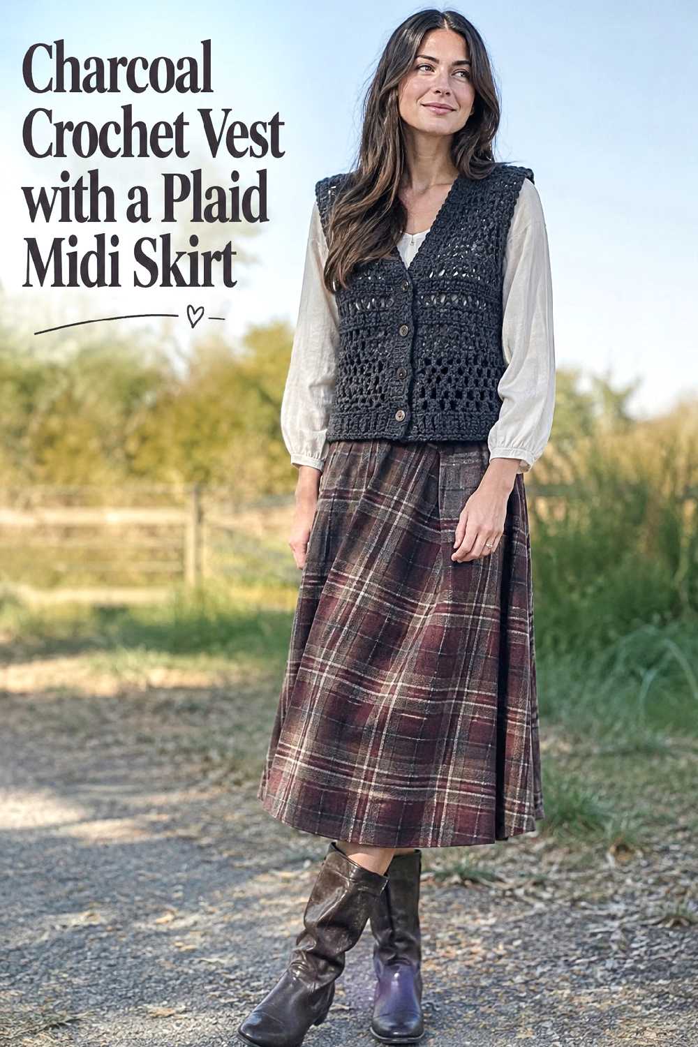 10. Charcoal Crochet Vest With A Plaid Midi Skirt