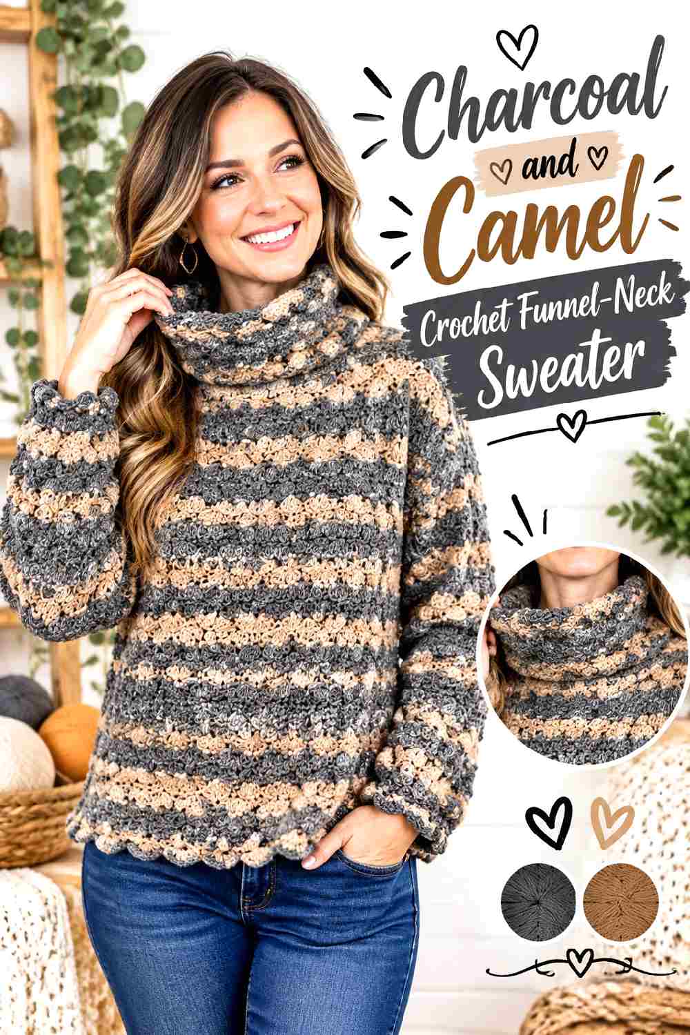 6. Charcoal And Camel Crochet Funnel Neck Sweater