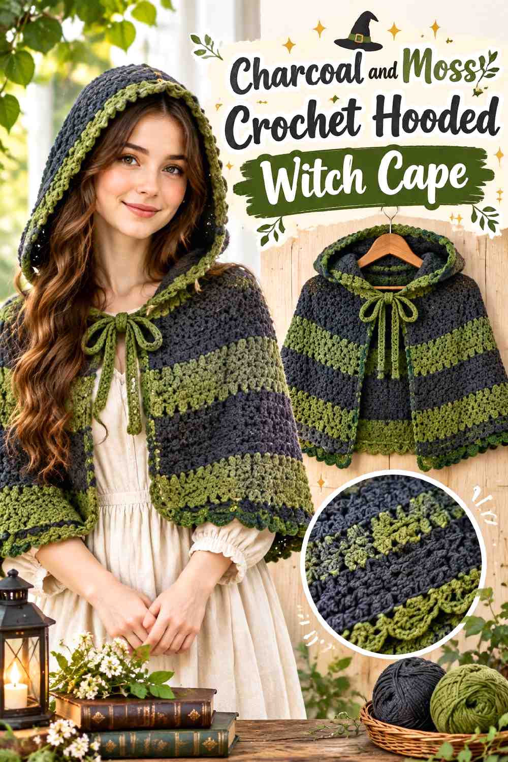 2. Charcoal And Moss Crochet Hooded Witch Cape