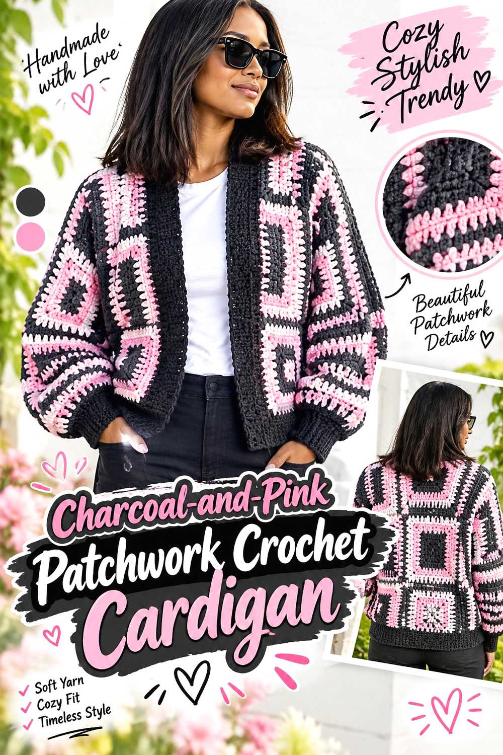 Charcoal and Pink Patchwork Crochet Cardigan