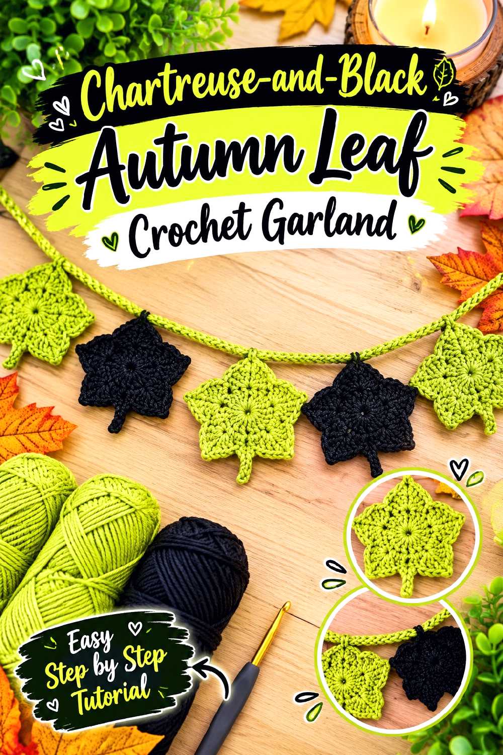 Chartreuse and Black Autumn Leaf Crochet Garland
