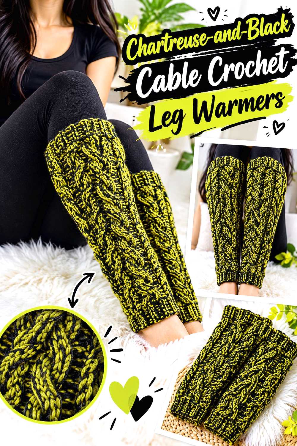 Chartreuse and Black Cable Crochet Leg Warmers
