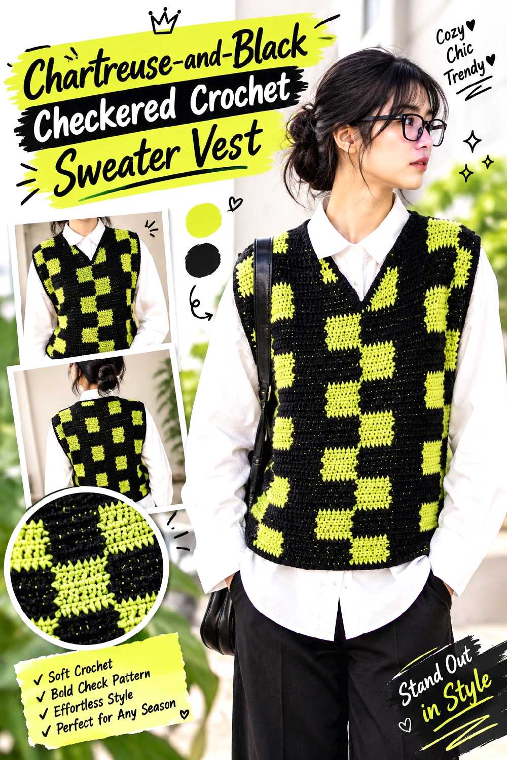 Chartreuse and Black Checkered Crochet Sweater Vest