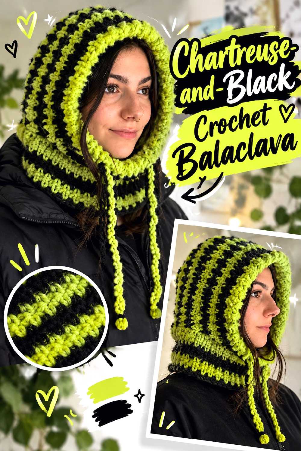 Chartreuse and Black Crochet Balaclava