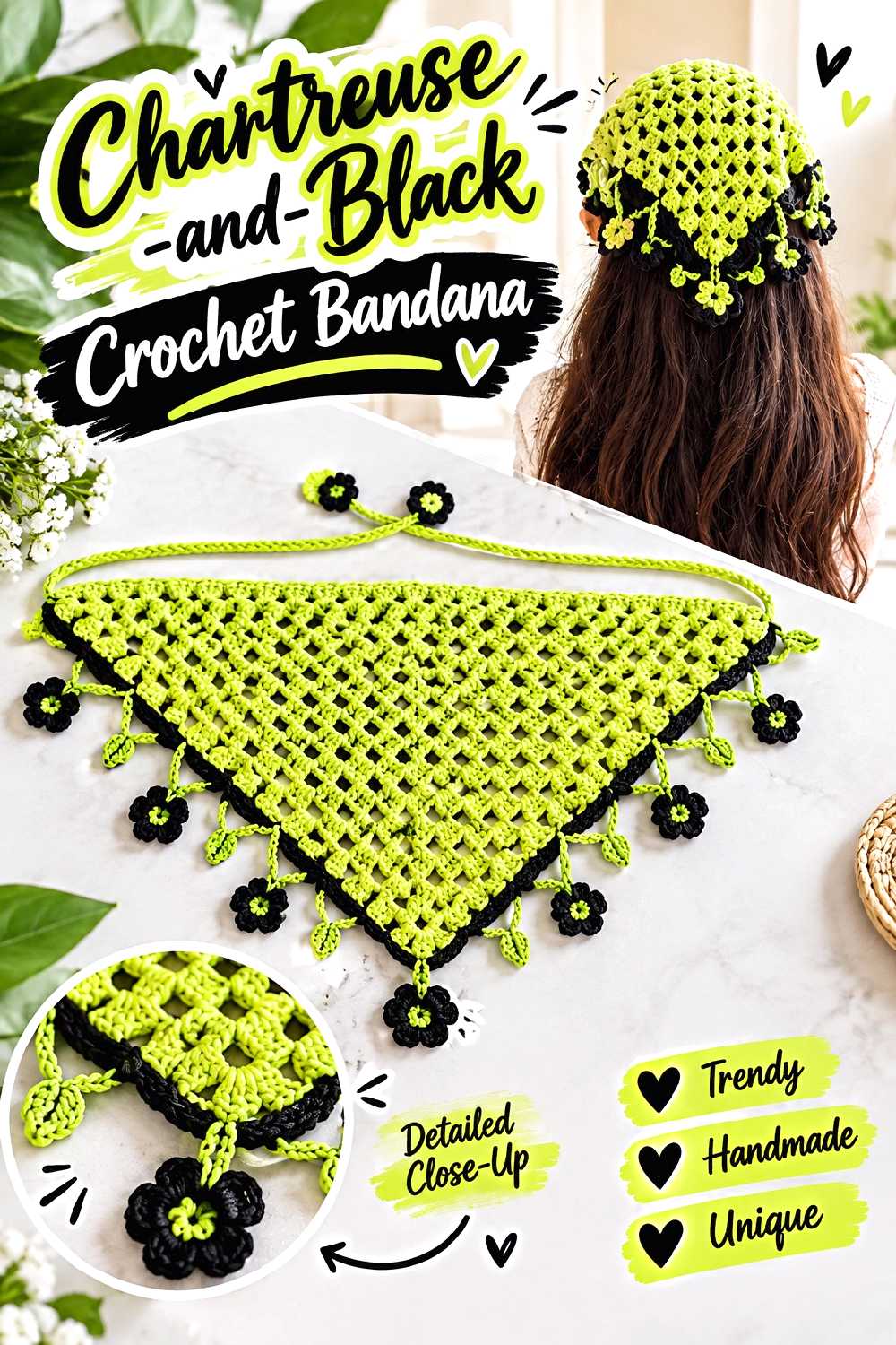 Chartreuse and Black Crochet Bandana