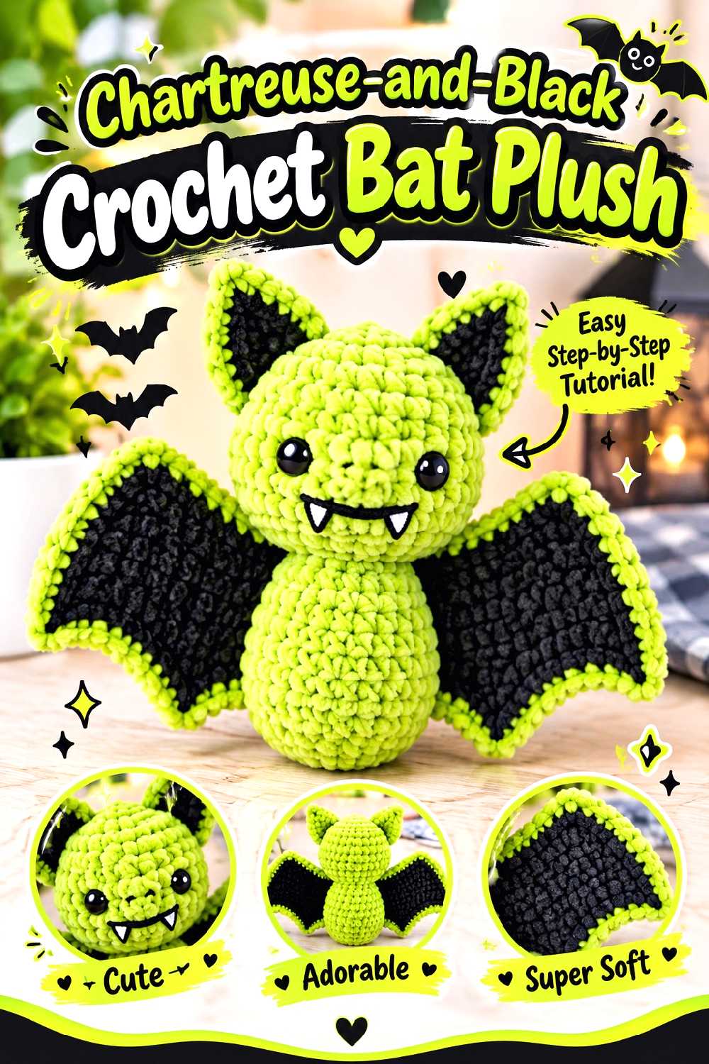 Chartreuse and Black Crochet Bat Plush