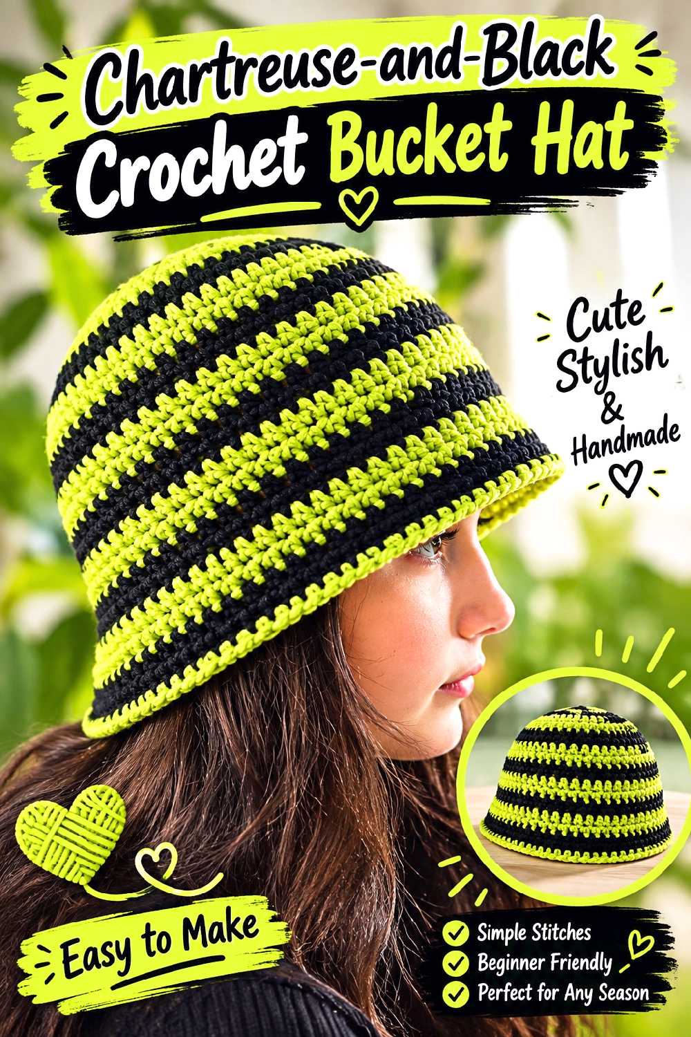 Chartreuse and Black Crochet Bucket Hat