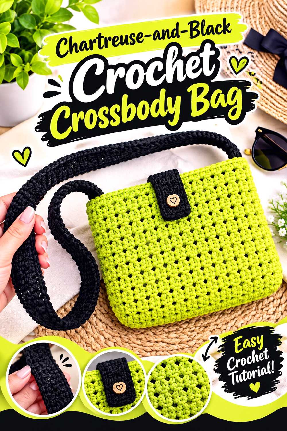 Chartreuse and Black Crochet Crossbody Bag
