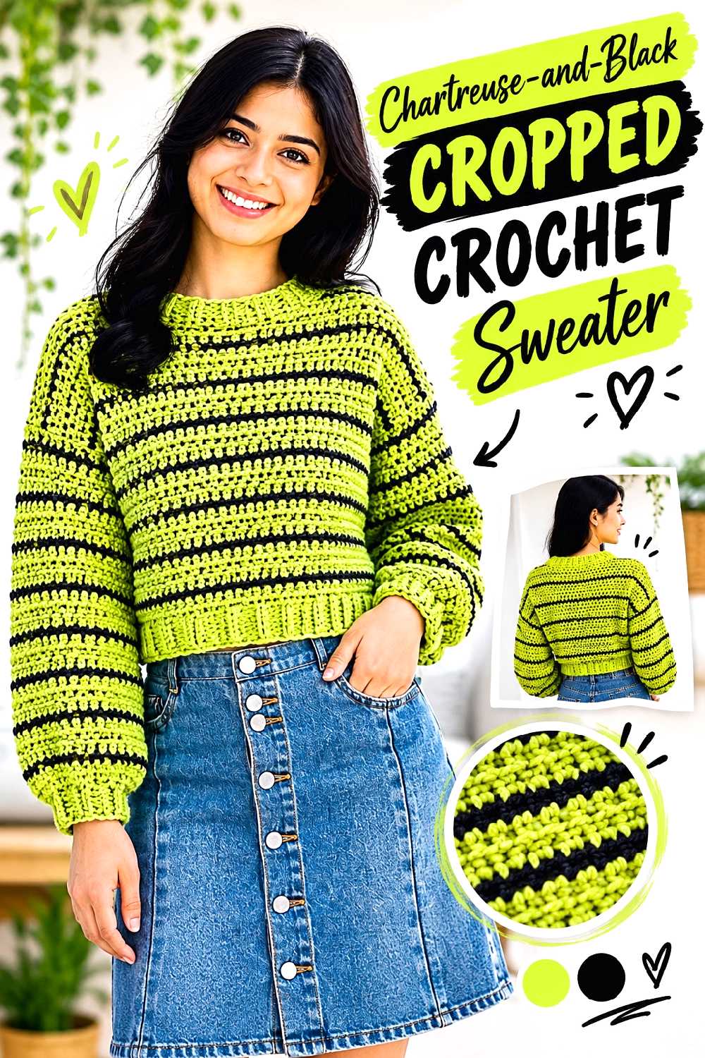 Chartreuse and Black Cropped Crochet Sweater
