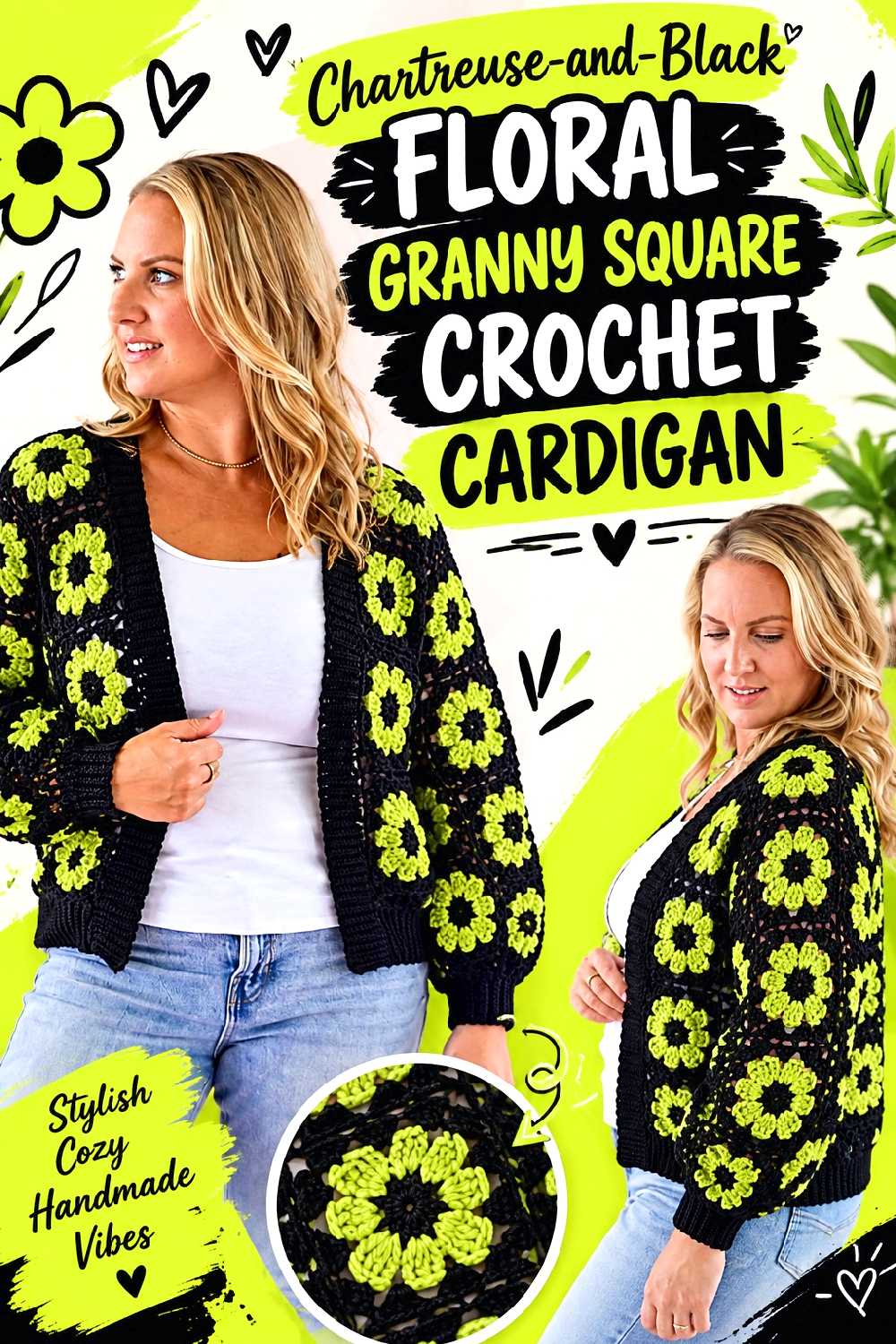 Chartreuse and Black Floral Granny Square Crochet Cardigan