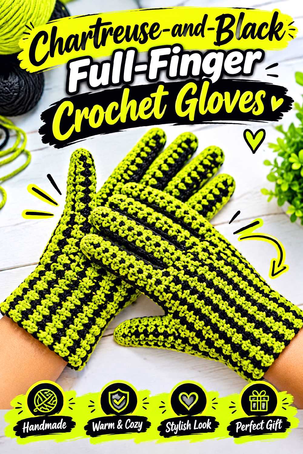 Chartreuse and Black Full Finger Crochet Gloves