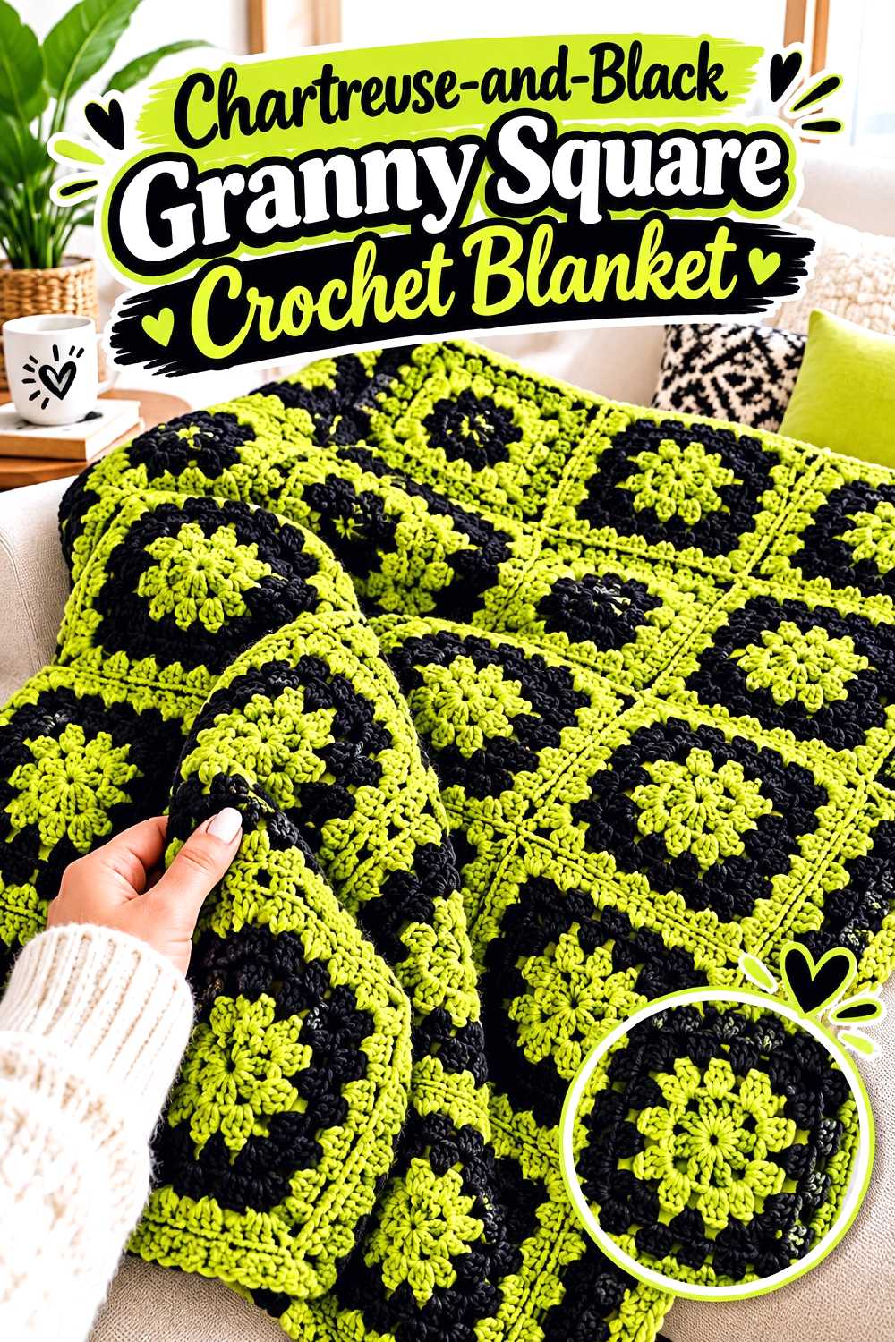 Chartreuse and Black Granny Square Crochet Blanket