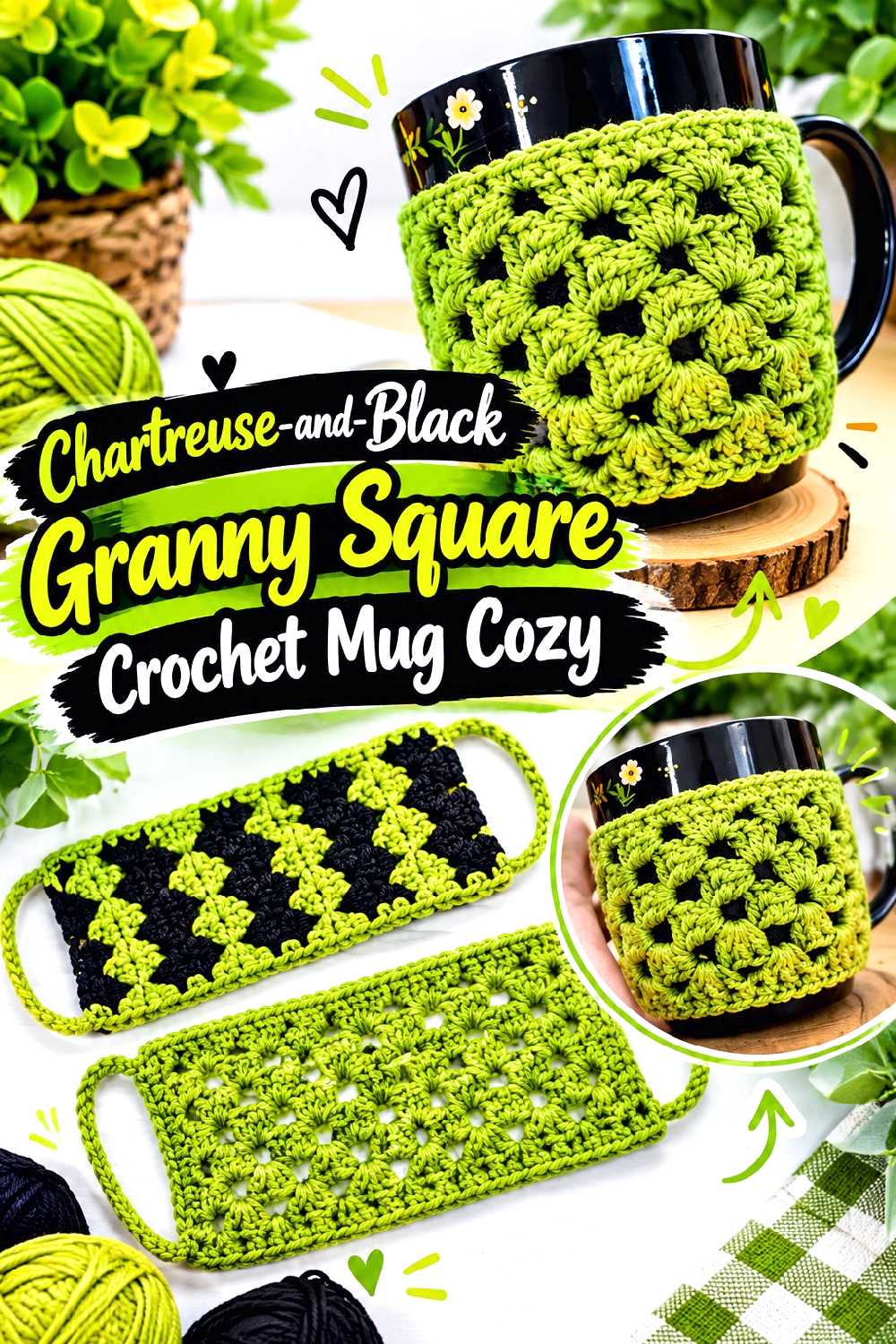 Chartreuse and Black Granny Square Crochet Mug Cozy
