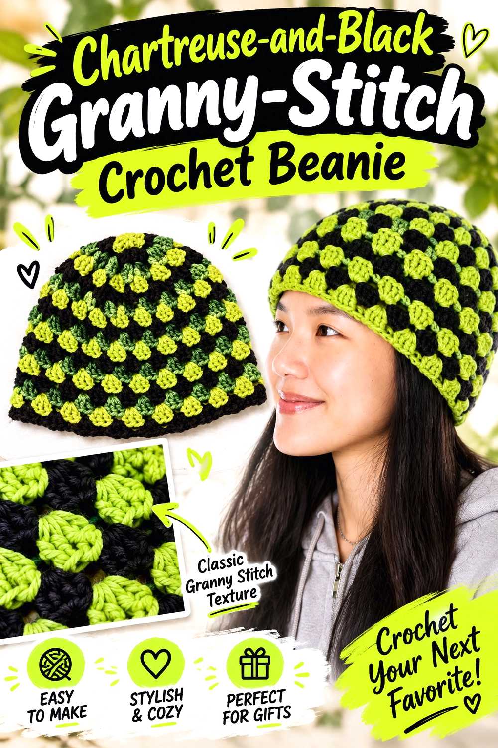 Chartreuse and Black Granny Stitch Crochet Beanie