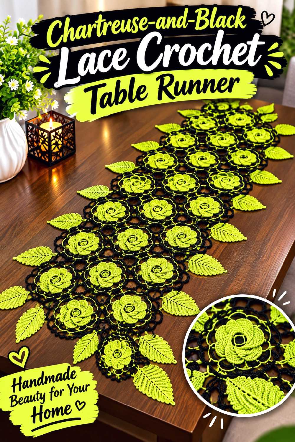 Chartreuse and Black Lace Crochet Table Runner