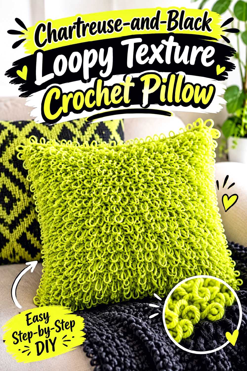 Chartreuse and Black Loopy Texture Crochet Pillow