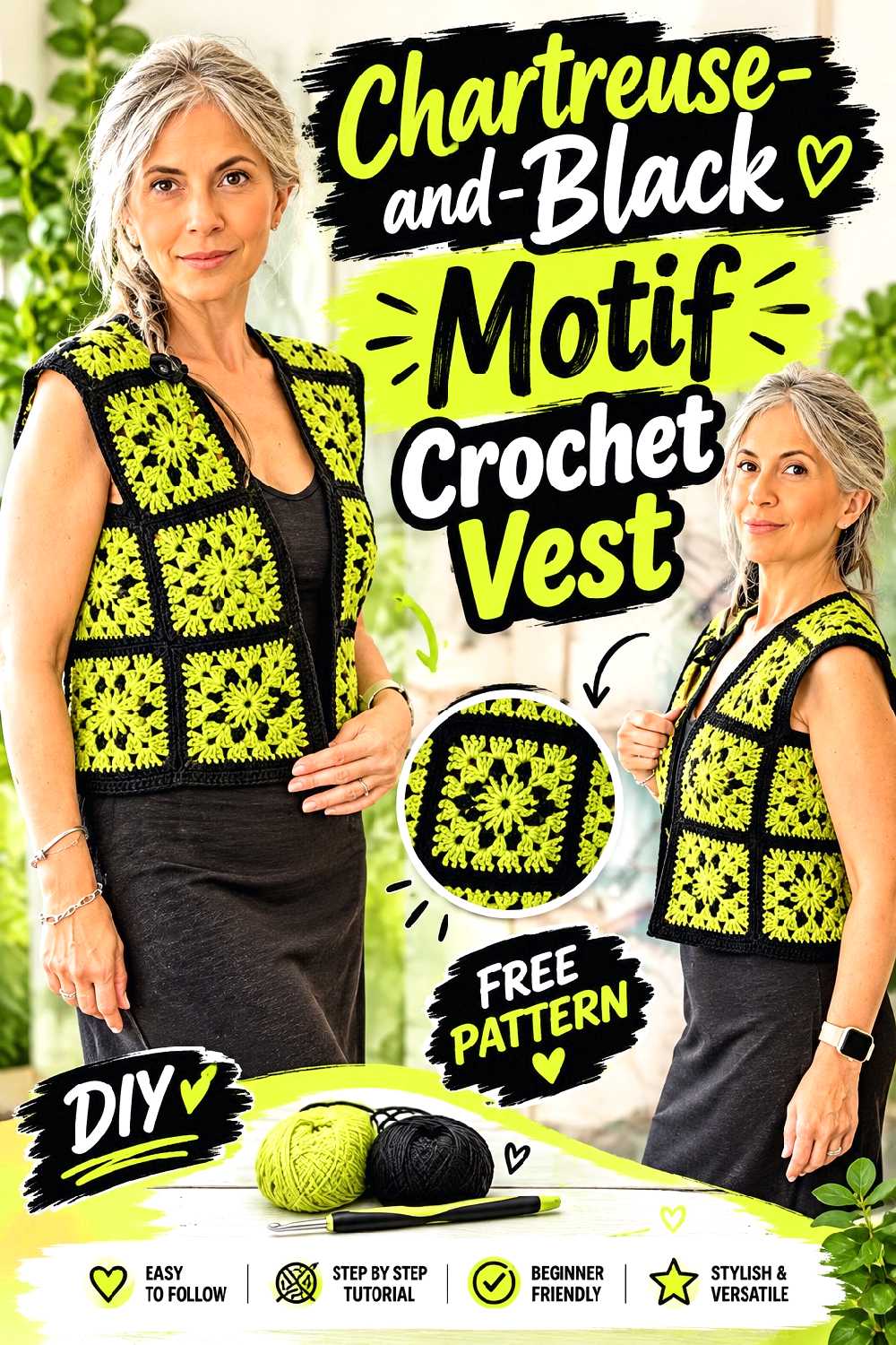 Chartreuse and Black Motif Crochet Vest