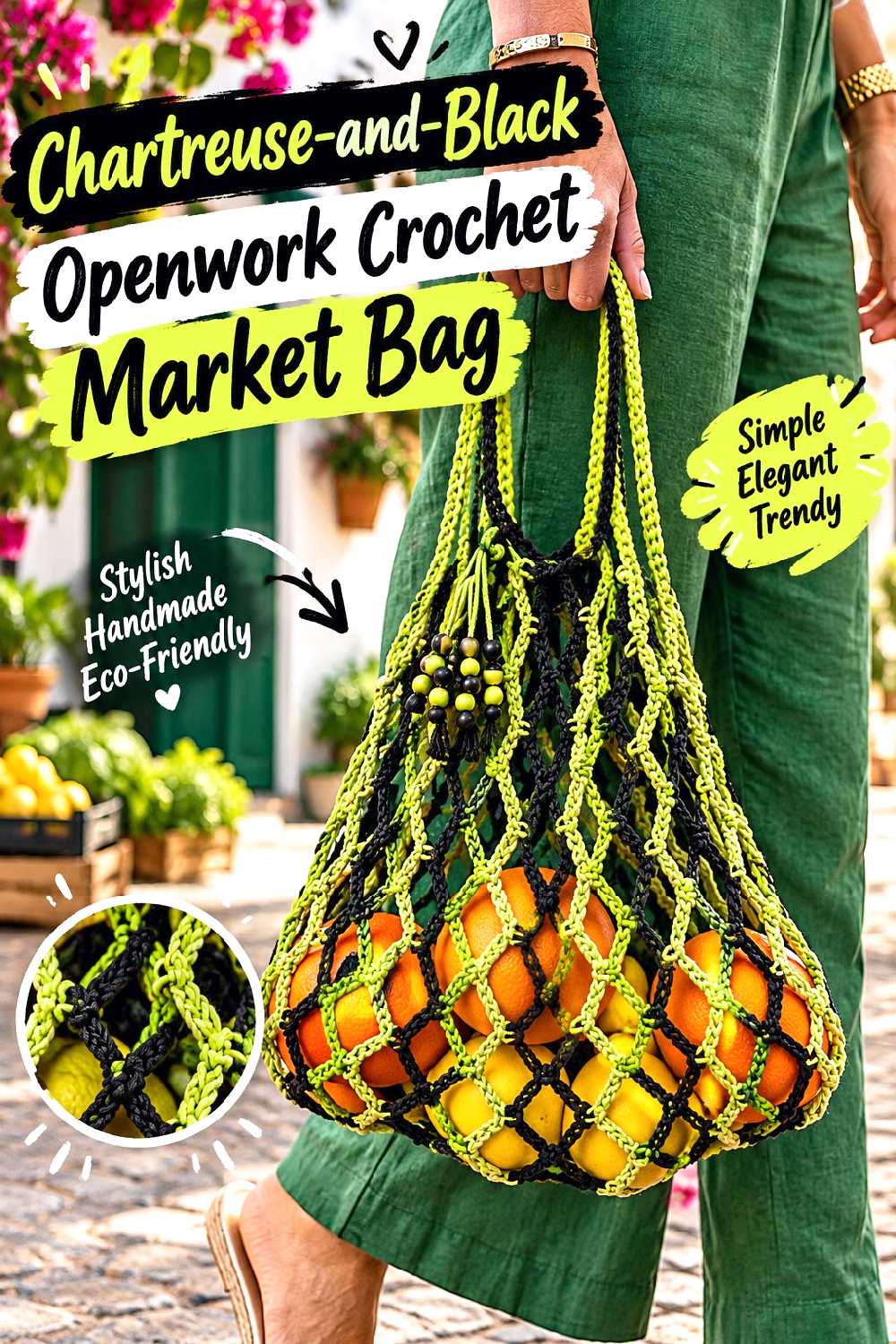 Chartreuse and Black Openwork Crochet Market Bag