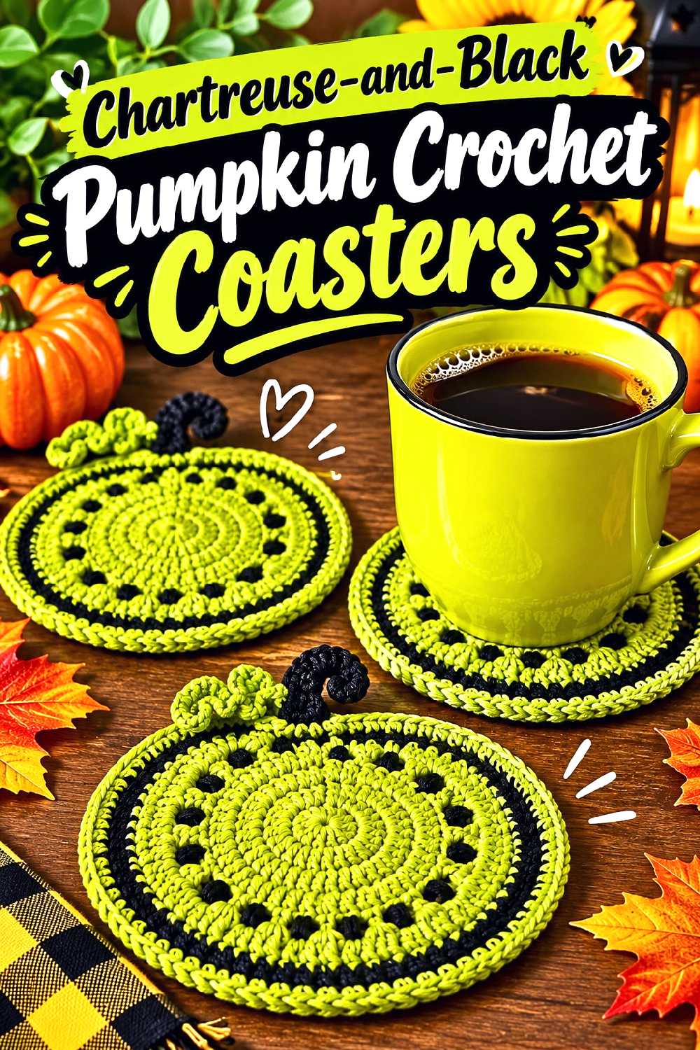Chartreuse and Black Pumpkin Crochet Coasters