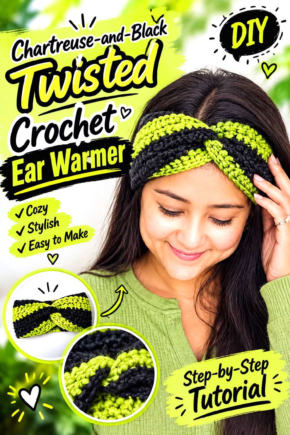 Chartreuse and Black Twisted Crochet Ear Warmer