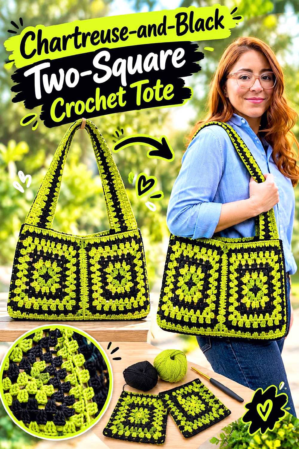 Chartreuse and Black Two Square Crochet Tote