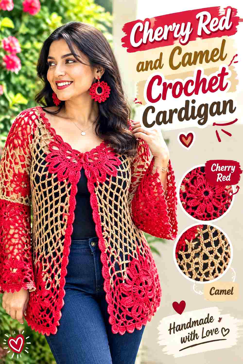 2. Cherry Red And Camel Crochet Cardigan