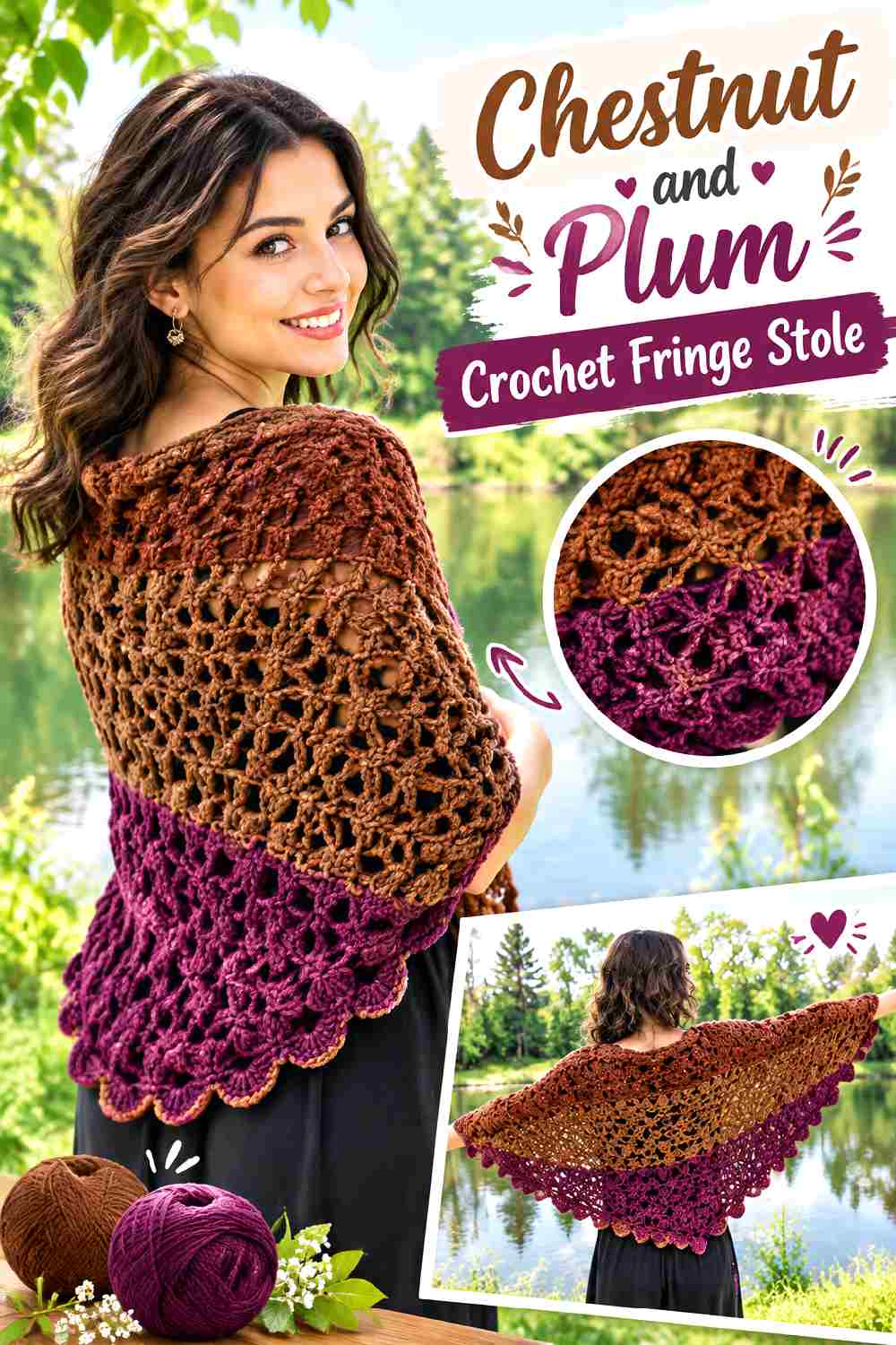 10. Chestnut And Plum Crochet Fringe Stole