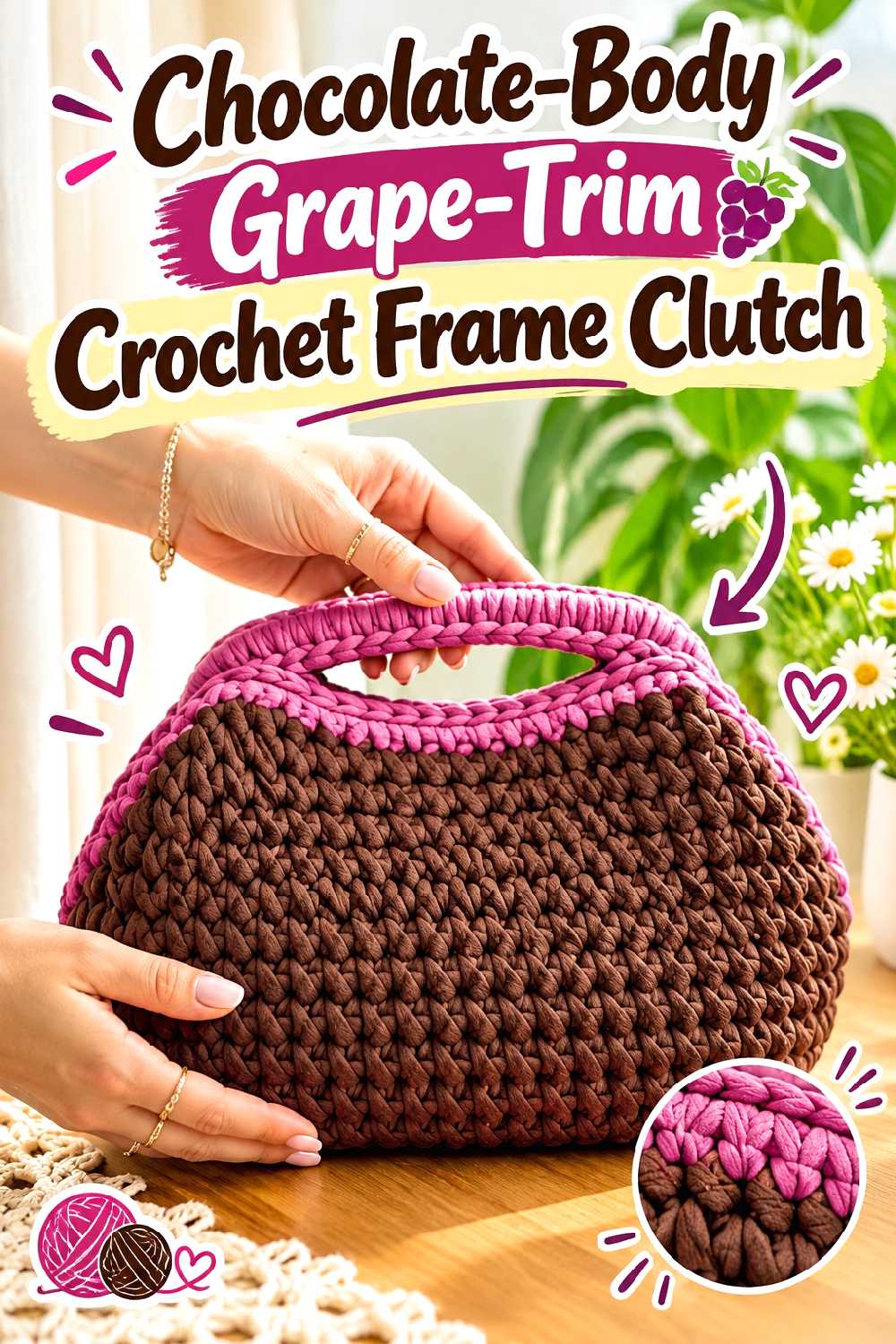 1. Chocolate Body Grape Trim Crochet Frame Clutch