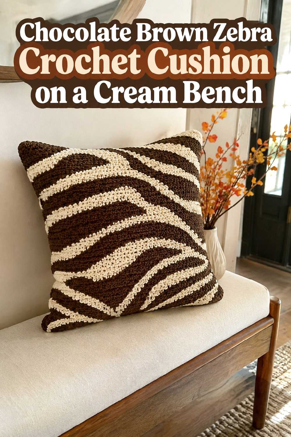 10. Chocolate Brown Zebra Crochet Cushion On A Cream Bench